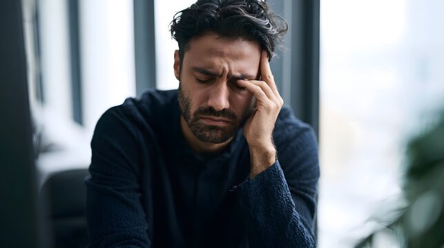 A man with dark hair and beard sits indoors near a window  hand on forehead  eyes closed  appearing tired or stressed