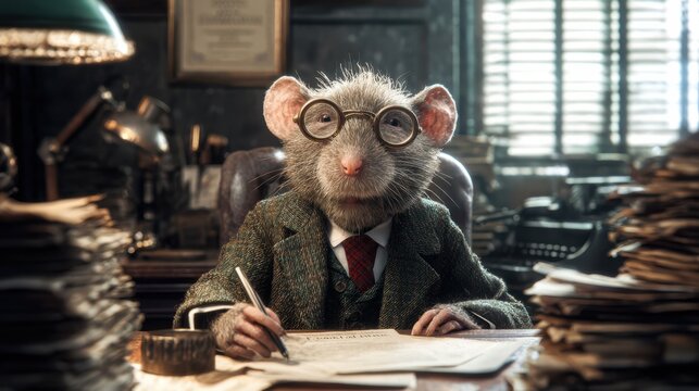 Old rat with glasses holding a pen while sitting at a desk in a professional school office setting