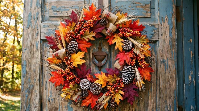 Autumn fall wreath on distressed door festive home decor for thanksgiving harvest season