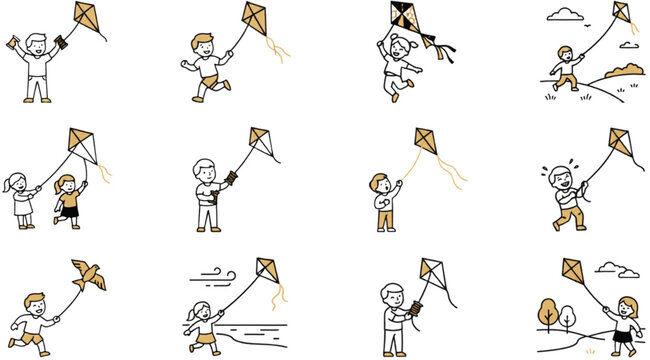 Kids enjoying kite flying in parks and open spaces with playful outdoor activity icons on transparent background vector illustration