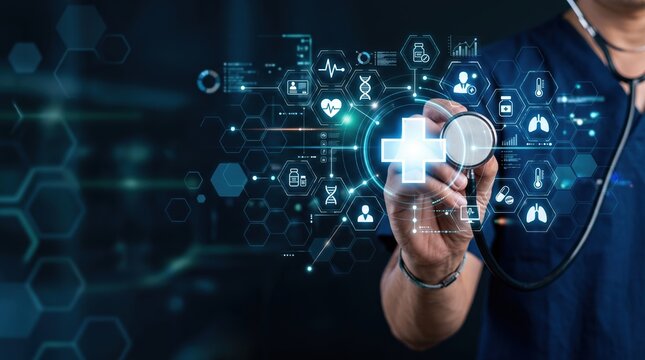 Doctor hand with stethoscope and Ui icon medical in hospital with medical technology network concept.