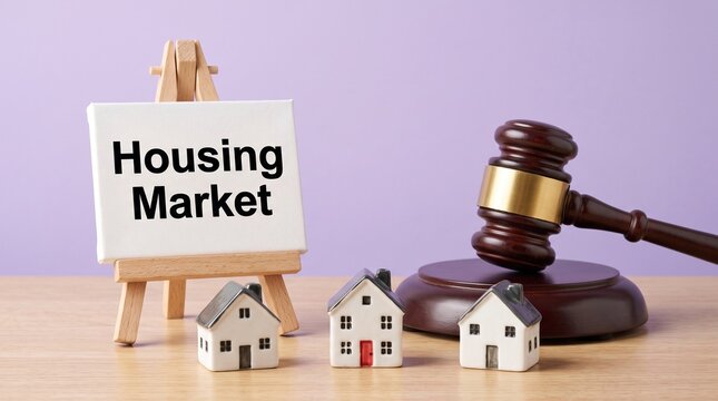 Housing Market sign on easel with judge gavel and house models, real estate law and property auction concept, foreclosure and legal home sales