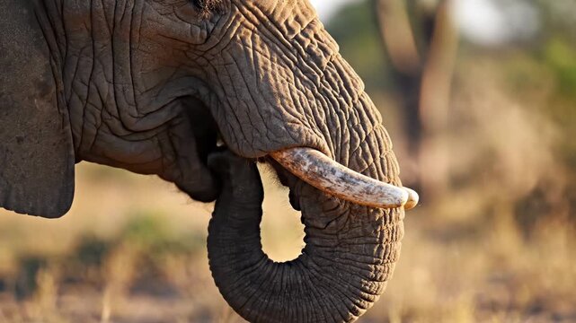 A mature African elephant wanders through the golden savanna grasses during the sunny afternoon while showcasing its massive weathered skin texture and large ivory tusks in the wild natural