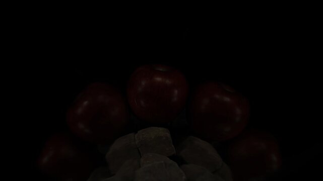 Revelation. Fire descends from above, gradually filling the mirrored space and revealing red apple as the central object in 1000fps slow motion. A cinematic metaphor for revelation and emerging light