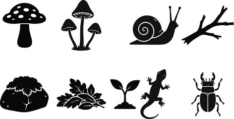 Fototapeta premium Forest Nature Silhouette Collection with Mushrooms Snail Lizard Beetle Moss and Woodland Elements