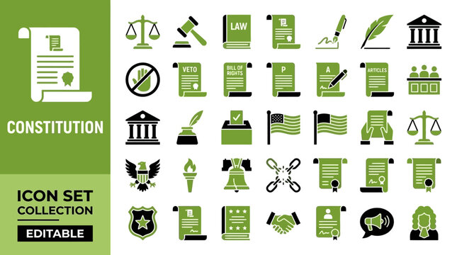 Constitution and government law icons with scales and documents