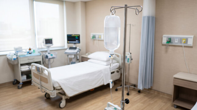 Empty hospital room with medical bed. Modern clinic ward with IV drip and monitoring equipment.