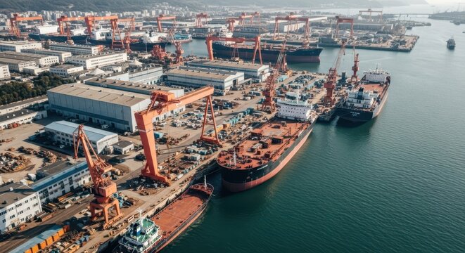 A bustling shipyard harbor with large ships under construction and towering industrial cranes busy with maritime activity.