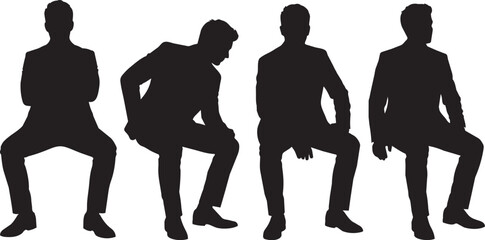 Four Male Silhouettes Sitting in Different Angles and Poses Isolated on White  Set of four male silhouettes seated in varied positions and viewing angles, showcasing different body language expression © DARKLORD