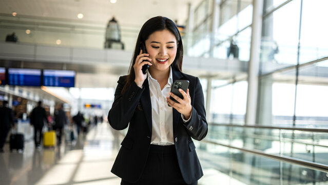 Asian woman at airport talking on smartphone with client, smiling while waiting for flight, natural window light, modern terminal background.