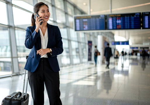 Asian woman at airport talking on smartphone with client, smiling while waiting for flight, natural window light, modern terminal background.