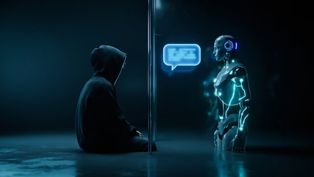 Hooded hacker sitting opposite a glowing android robot, 3 d render