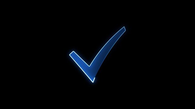 Neon blue glowing check mark sign slowly pulsing on black background dynamic animation