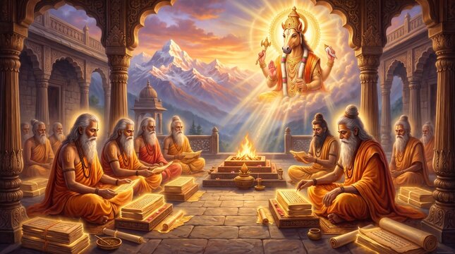 Ancient Hindu Sages Studying Sacred Scriptures with Divine Blessing