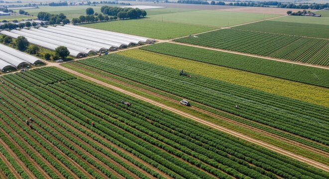 Aerial View of Extensive Vegetable Farm Operations During Harvest Season