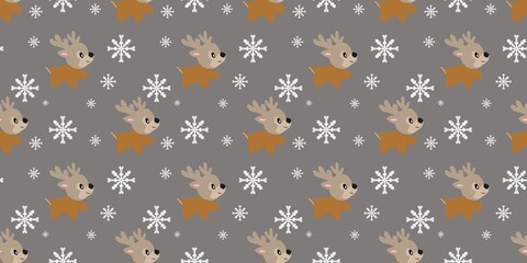 Gray seamless  pattern with repeated cute brown reindeer and white snowflakes. A playful winter holiday design for wrapping paper, apparel, and creative projects. © Dunzz
