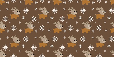 Chocolate brown seamless  pattern decorated with adorable cartoon reindeer and white snowflakes. A cozy festive design perfect for holiday textiles, greeting cards, and paper goods. © Dunzz