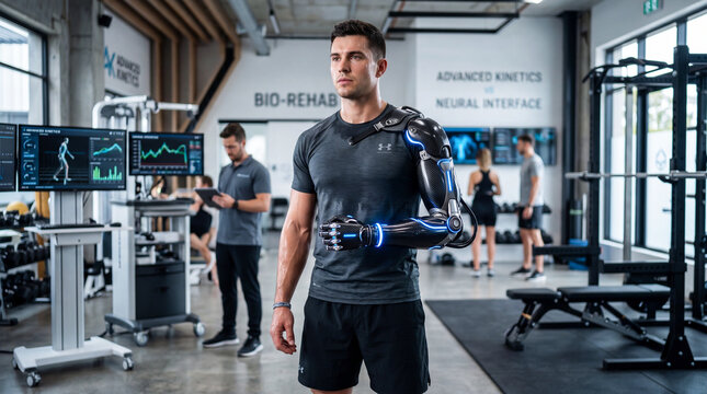 Muscular man wearing an advanced high-tech bionic prosthetic arm in a modern medical rehabilitation clinic.