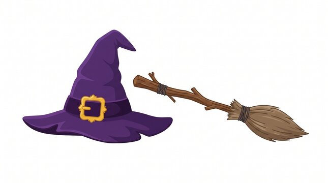 Classic purple witch hat and wooden magic broom vector illustration. Isolated Halloween elements icon on white background.