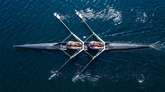 Aerial top-down view of two female rowers in a double scull boat training on dark blue water.