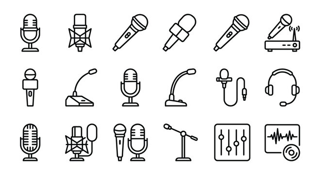 Microphone icon set with podcast studio journalist karaoke and conference microphone vector isolated on white background