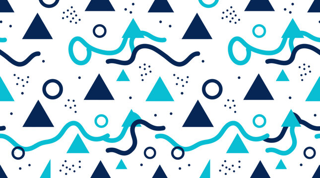 Fun memphis style seamless pattern with blue triangles circles and hand drawn wave lines.