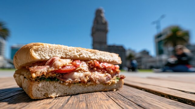 Savory Chivito Sandwich Rests on a Rustic Wooden Table With the Iconic Palacio Salvo Standing Tall Under the Warm Montevideo Afternoon Sun