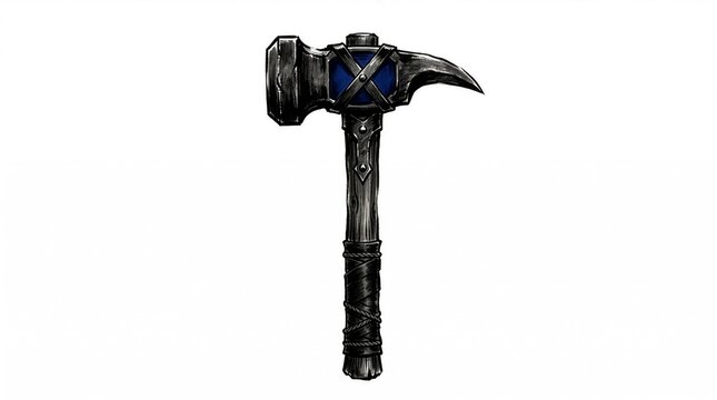 Illustration of a fantasy hammer with a wooden handle and a blue stone