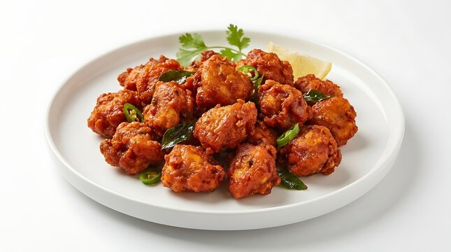 Delicious chicken 65 appetizer served on a round plate with fresh green curry leaves and onion slices. chicken 65