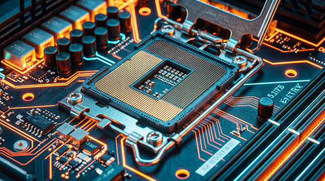 Macro close-up of a high-tech computer motherboard CPU socket with glowing neon orange and blue lights.