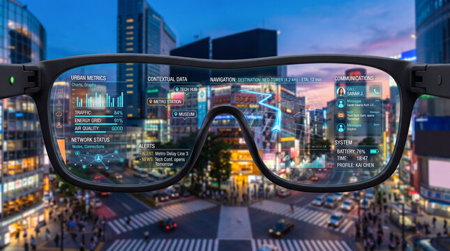 Smart augmented reality glasses displaying a futuristic HUD interface with navigation data over the Tokyo city skyline at night.