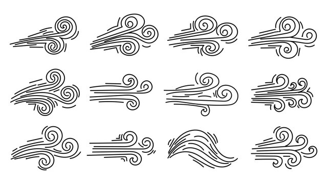Hand drawn wind gust and airflow sketch collection with handdrawn movement illustration airborne direction meteorology abstract