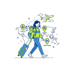 Fototapeta premium A woman traveling the world with a suitcase and backpack, with an airplane flying over a map showing various international destinations like Kyoto, Lisbon, and Cape Town.