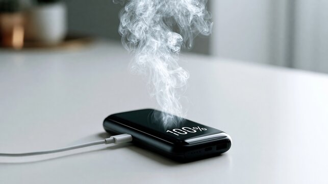 Gray smoke rises from a fully charged power bank during a risky desk session