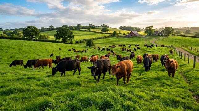 Lush Green Farmland With Herd of Cattle Grazing Under a Blue Sky