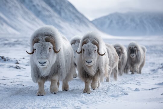 A group of muskoxen traverses a snowy terrain in a remote Arctic area under overcast skies, showcasing their thick fur.