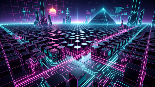 Epic sci-fi concept art of a futuristic underground cyberpunk city with giant monolith pillars, glowing purple neon lights, and tiny exploring silhouettes.