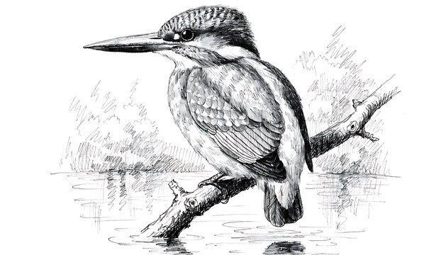 Black and white kingfisher bird perched on a branch