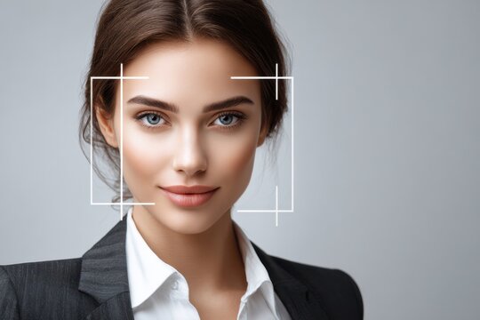 A confident woman with clear skin and bright eyes poses in formal attire against a neutral background.