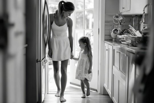 A mother and daughter walk hand in hand through a cheerful kitchen filled with sunlight, creating a warm atmosphere.