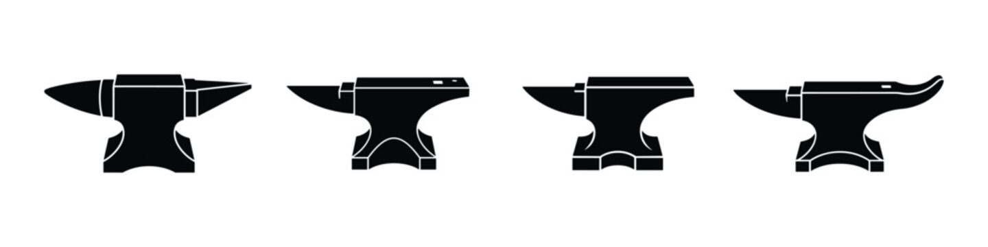 Blacksmith anvil silhouette icon set isolated vector graphic design for metal workshops.