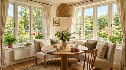 Fototapeta premium Cozy breakfast nook with round table, banquette seating, and garden view windows.