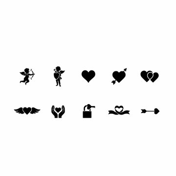 Romantic love elements vector glyph set, black icon collection with cupid, heart pierced by arrow, double hearts, padlocked heart, and cupid arrow isolated on white