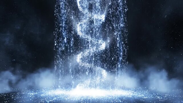 Glowing blue particles fall through a dark cosmic space background