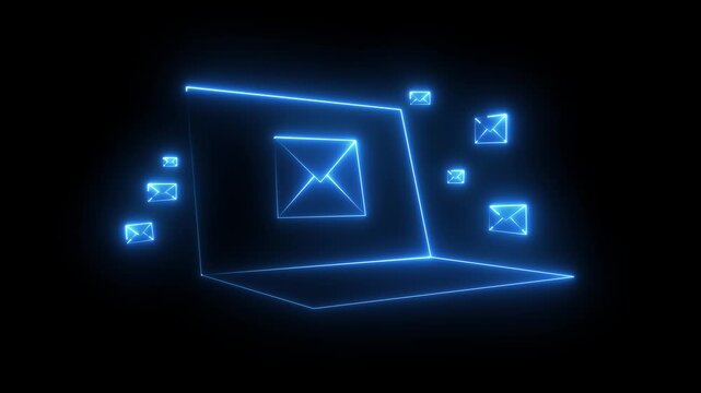 neon message icon animation with black background. message icon concept. Glowing email icon on a laptop screen. Message mail box. motion graphic of massage box concept.