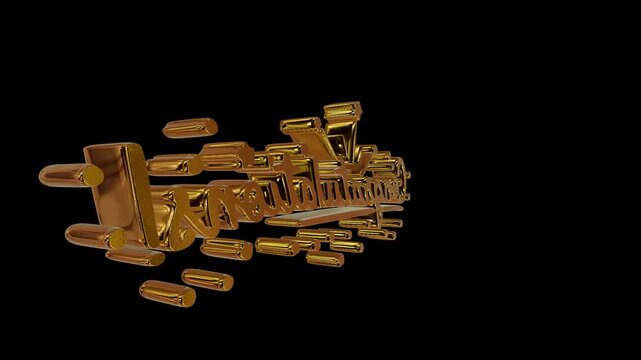 Shiny golden 3d text spelling congratulations with decorative stars isolated on a black background