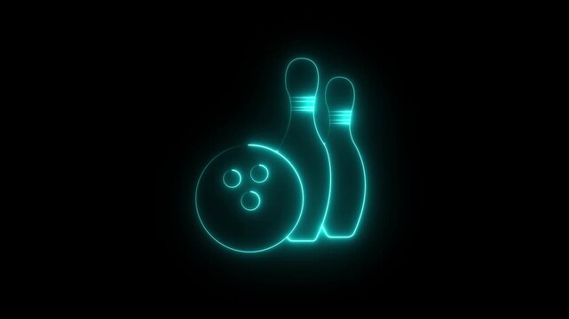 Glowing neon Bowling pin and ball icon isolated on black background. Juggling clubs, circus skittles Sport equipment. motion graphic of bowling pin concept.
