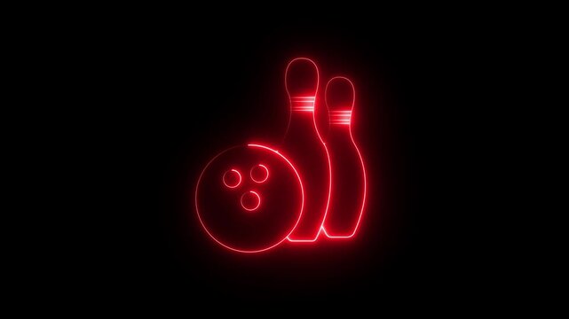 Glowing neon Bowling pin and ball icon isolated on black background. Juggling clubs, circus skittles Sport equipment. motion graphic of bowling pin concept.