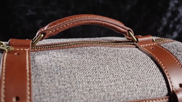 A vintage style grey canvas bag with brown leather straps