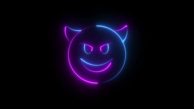 glowing neon devil icon animation . glowing neon demon emoticon. devil with grin face ,mockery emoticon , motion graphic of cute demon concept.